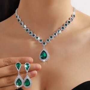 Green Crystal Drop Necklace Earring Set